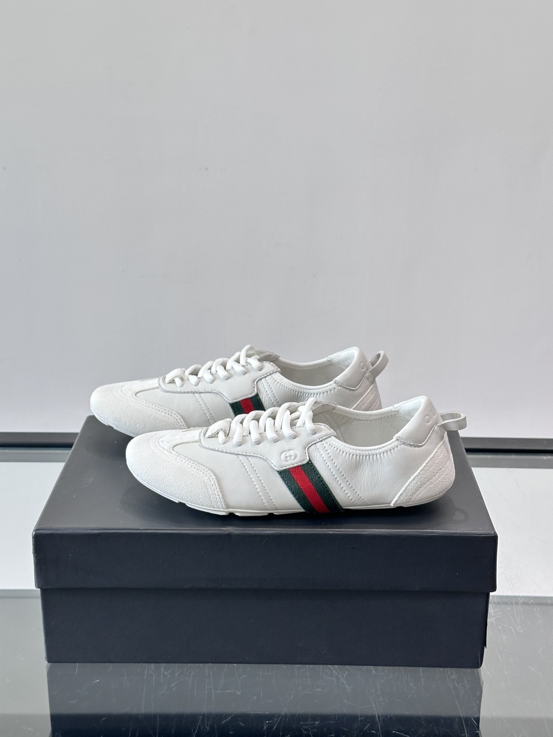 Gucci White Leather Suede Web Stripe Sneakers