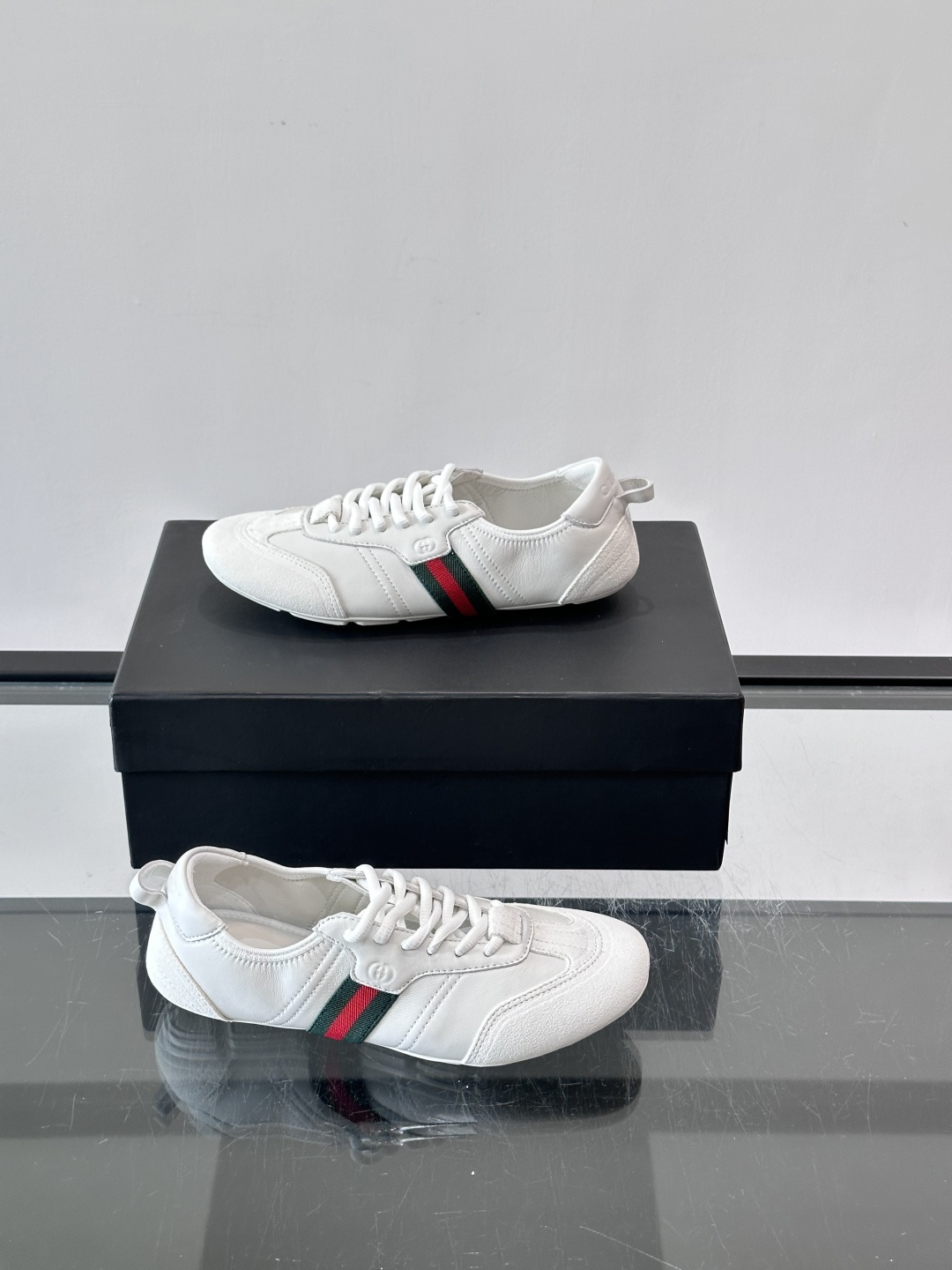 Gucci White Leather Suede Web Stripe Sneakers