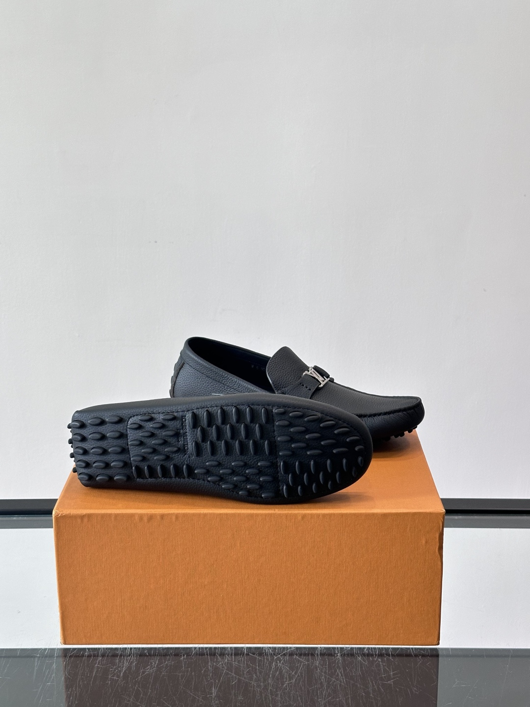 LV Black Grained Leather Driving Loafers