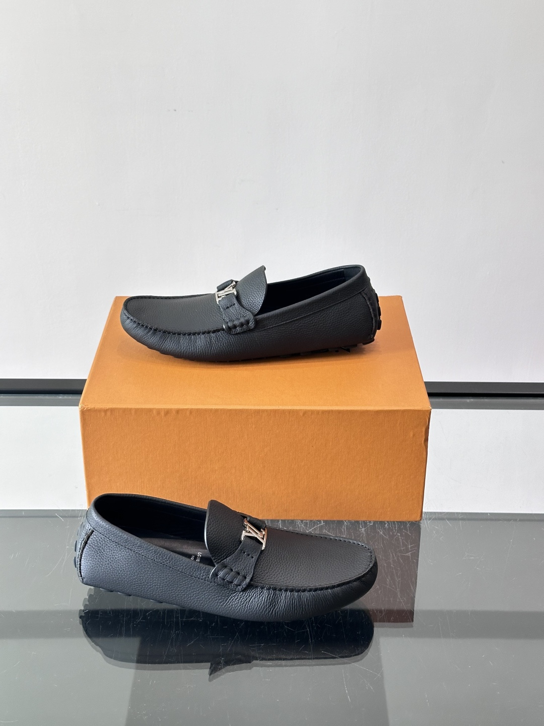 LV Black Grained Leather Driving Loafers
