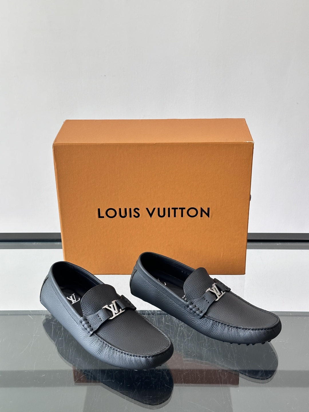 LV Black Grained Leather Driving Loafers