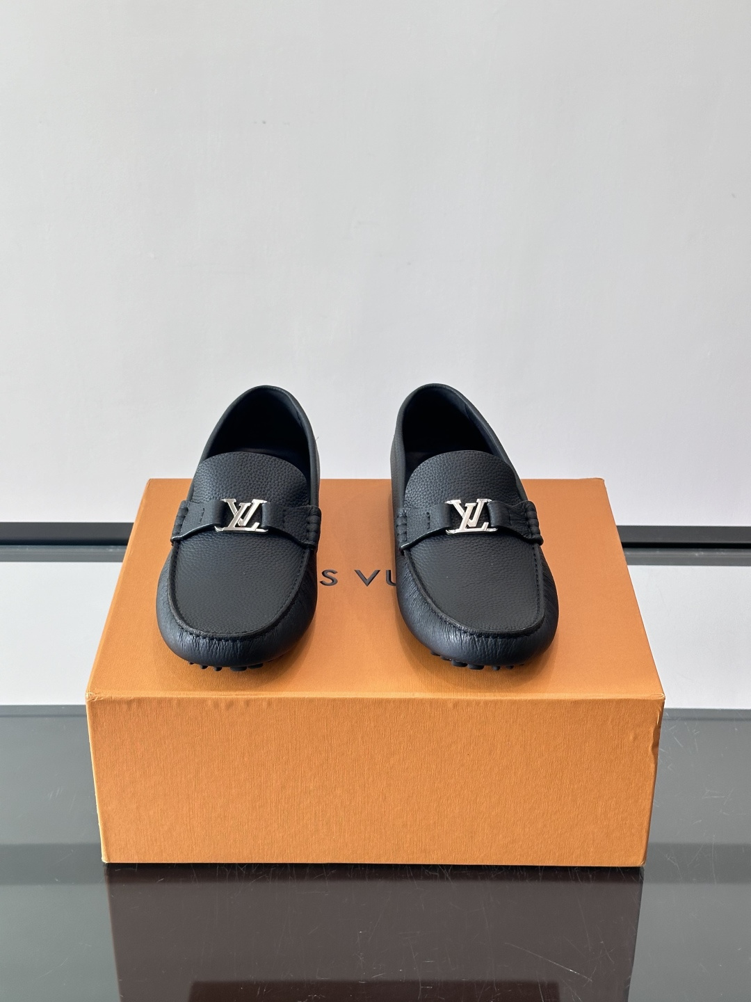 LV Black Grained Leather Driving Loafers