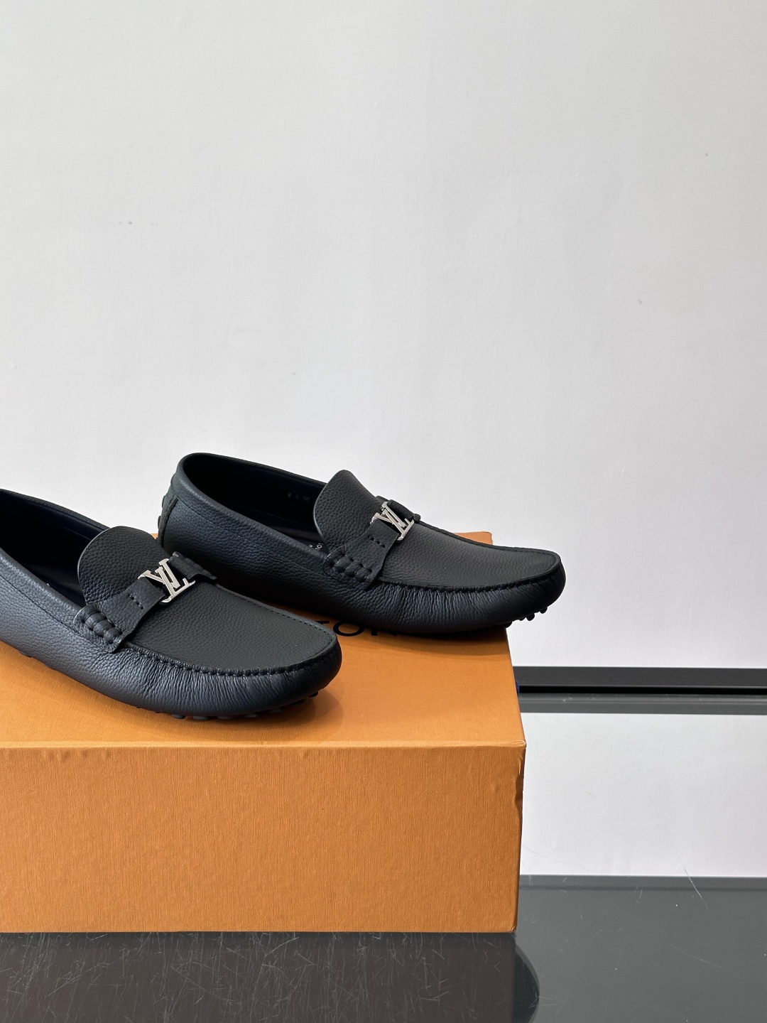LV Black Grained Leather Driving Loafers