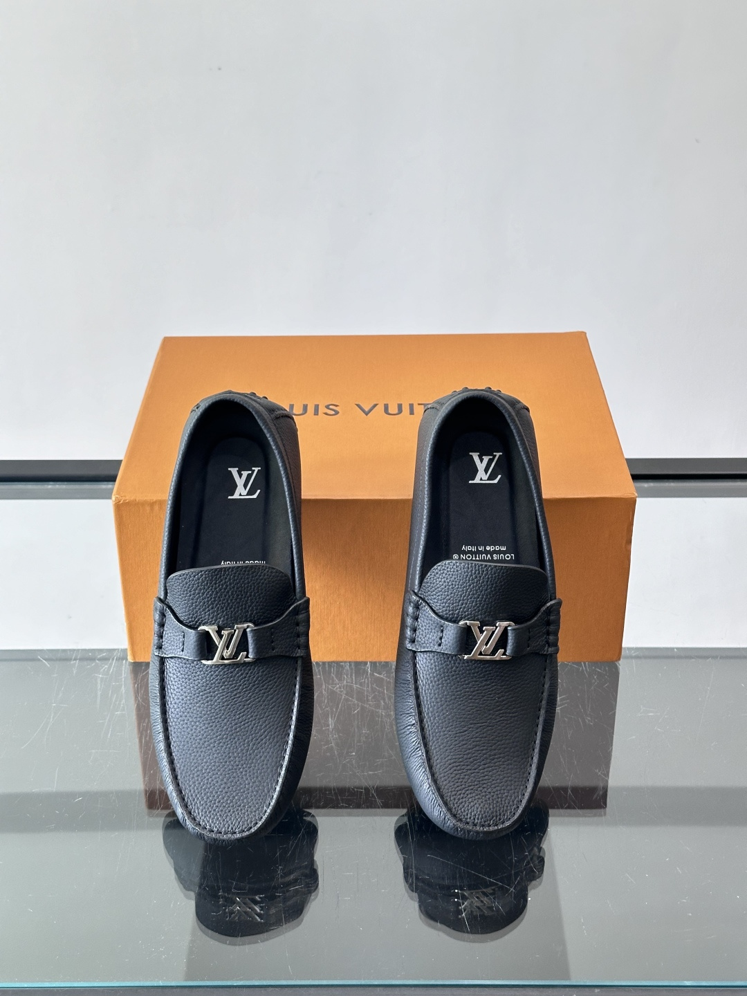 LV Black Grained Leather Driving Loafers