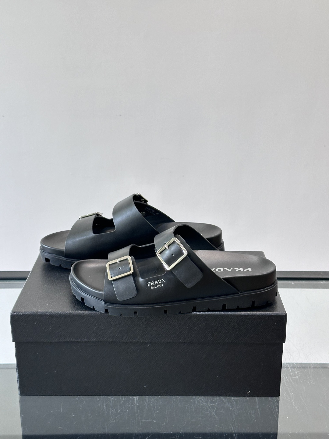 Prada Black Double Buckle Lug Sole Slide Sandals