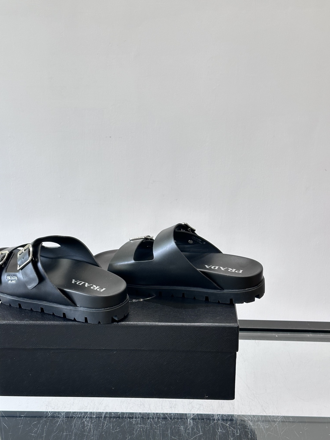 Prada Black Double Buckle Lug Sole Slide Sandals