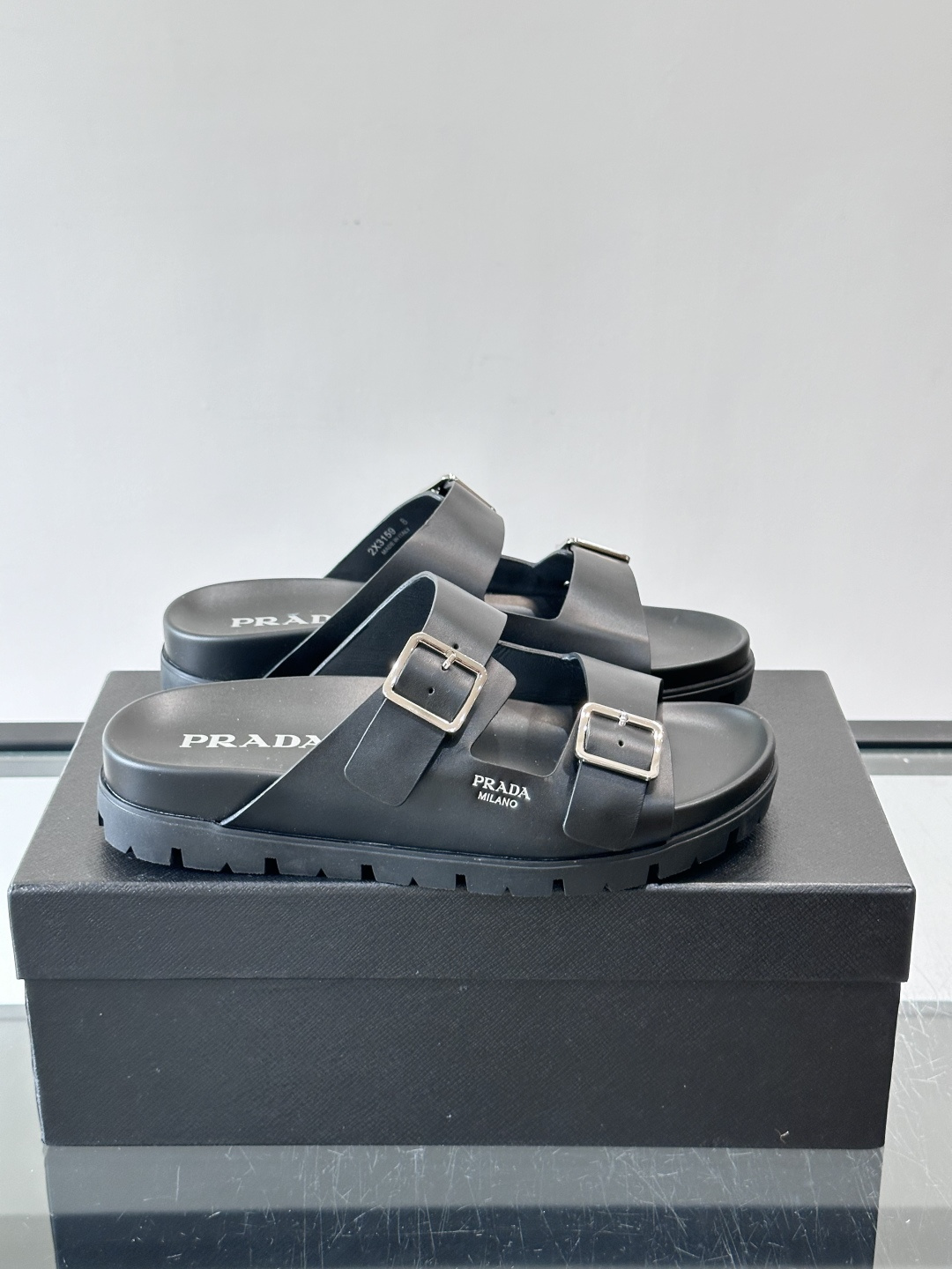 Prada Black Double Buckle Lug Sole Slide Sandals