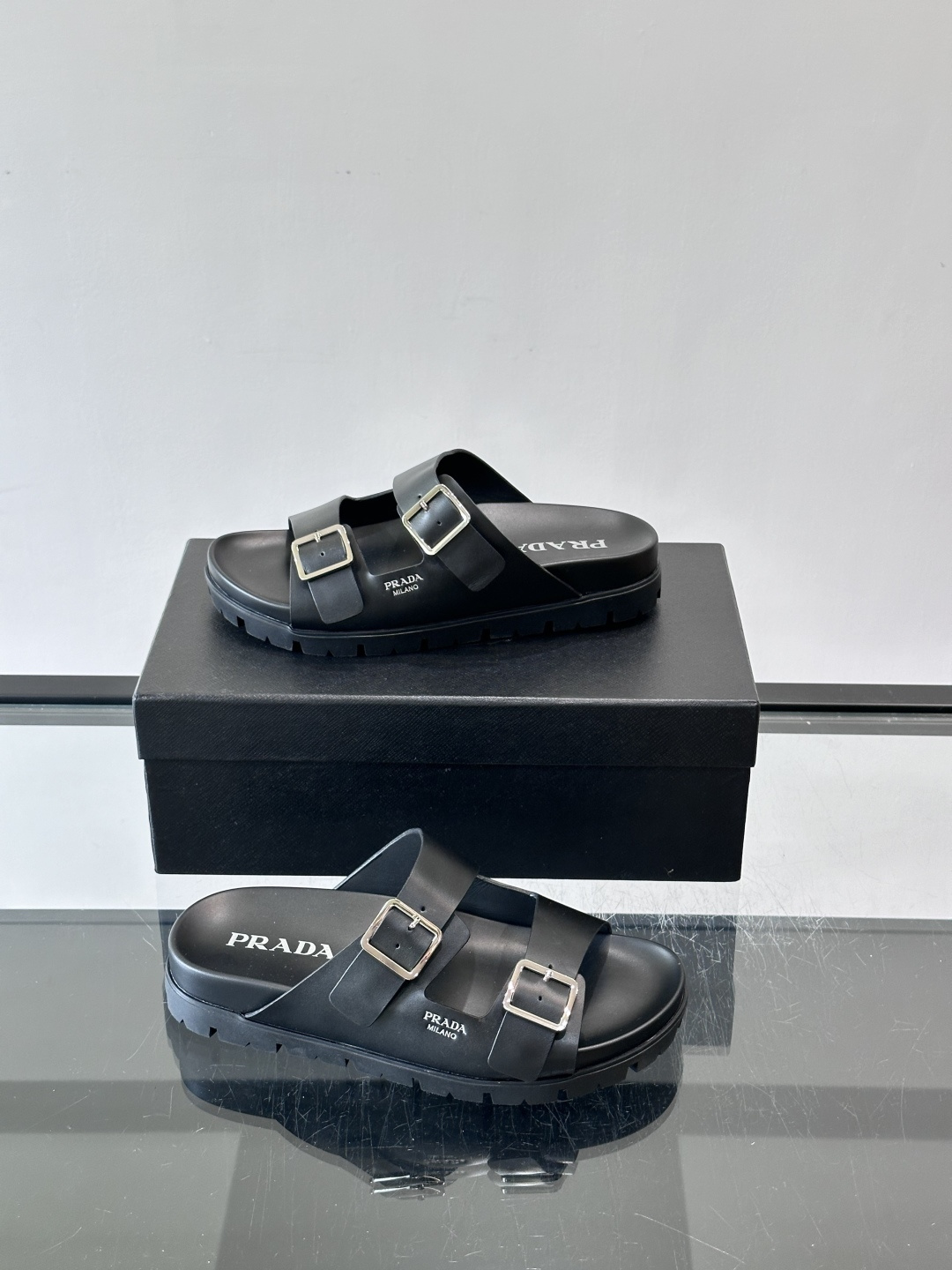 Prada Black Double Buckle Lug Sole Slide Sandals