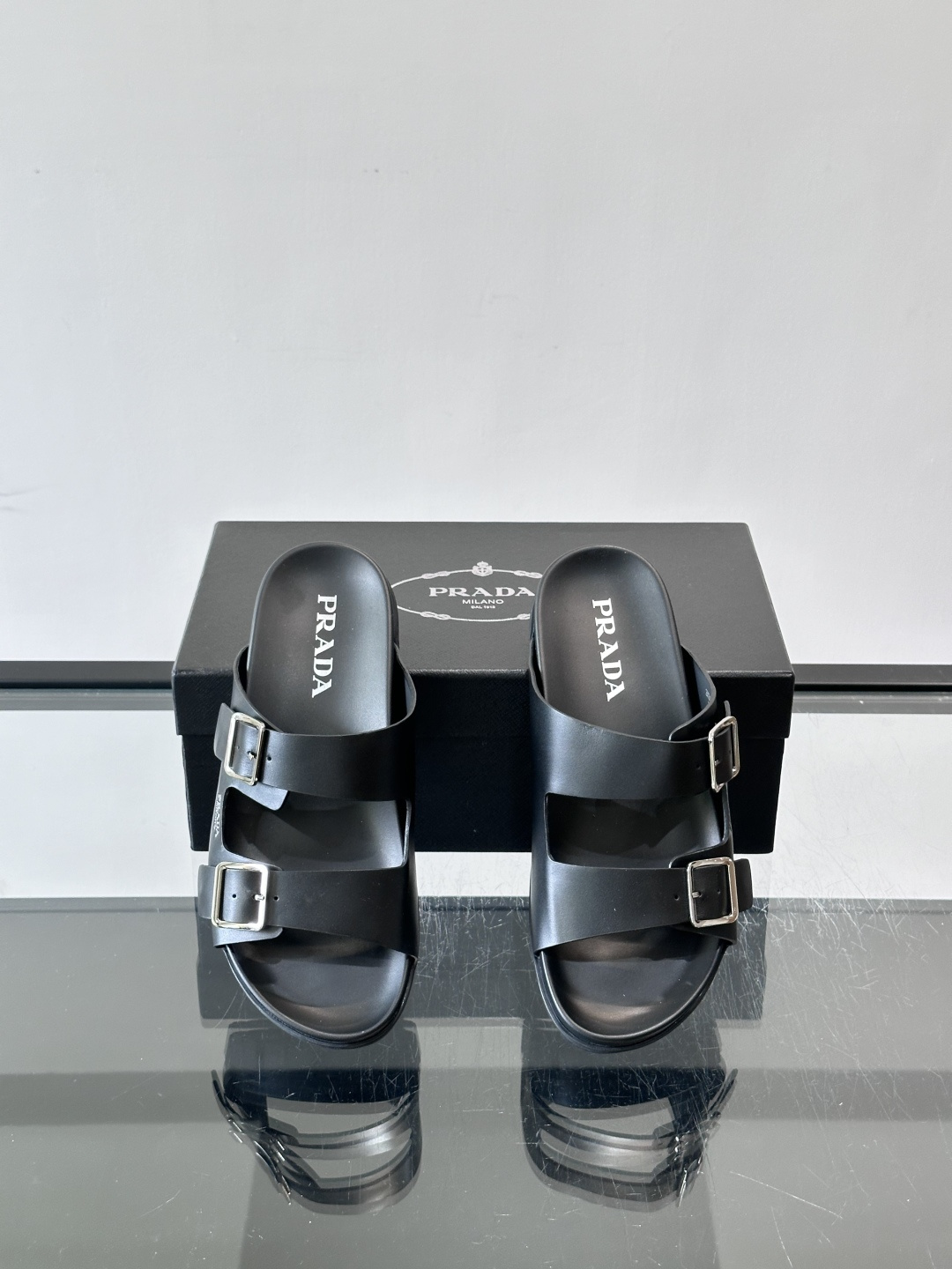 Prada Black Double Buckle Lug Sole Slide Sandals