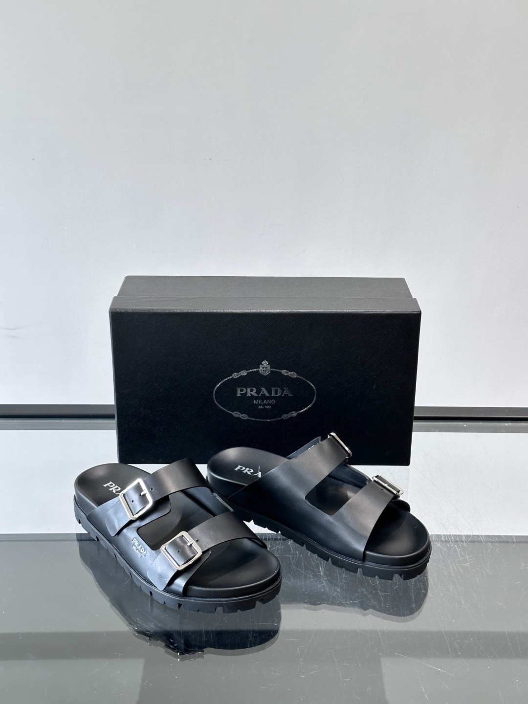 Prada Black Double Buckle Lug Sole Slide Sandals