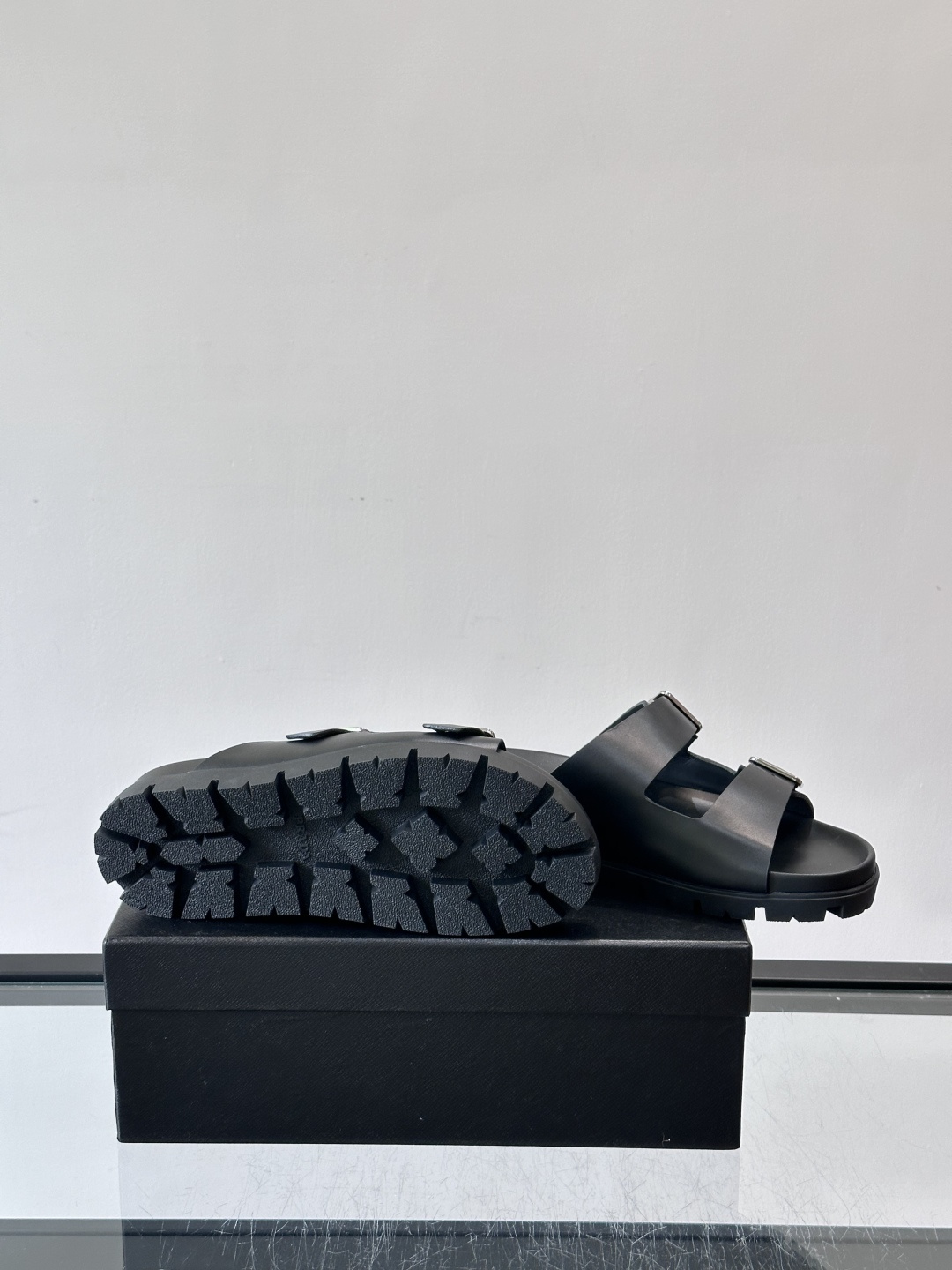 Prada Black Double Buckle Lug Sole Slide Sandals
