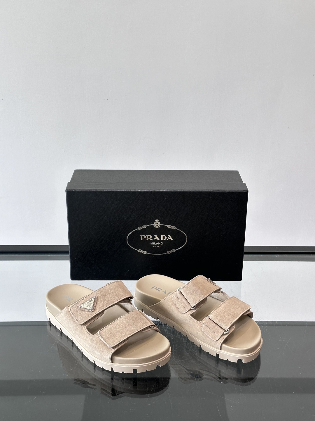 Prada Beige Suede Double Velcro Strap Slide Sandal
