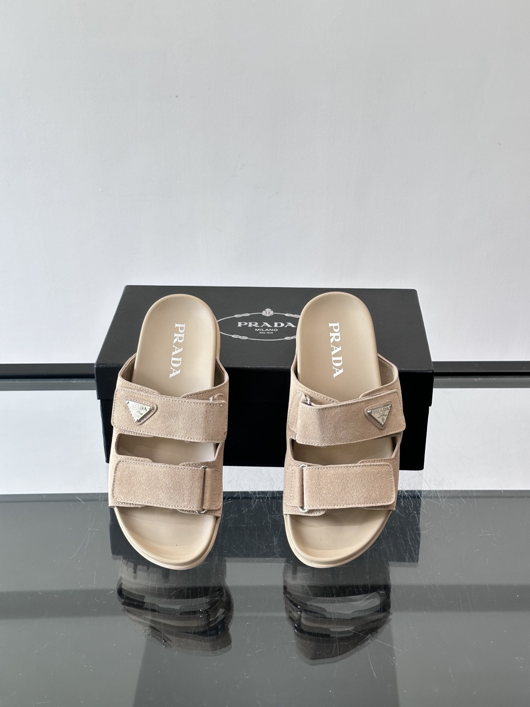 Prada Beige Suede Double Velcro Strap Slide Sandal
