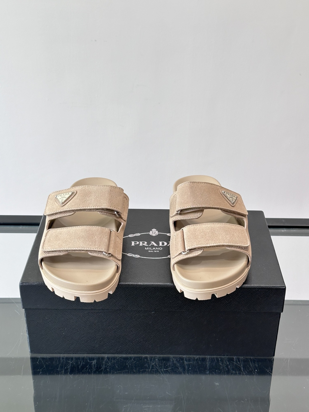 Prada Beige Suede Double Velcro Strap Slide Sandal