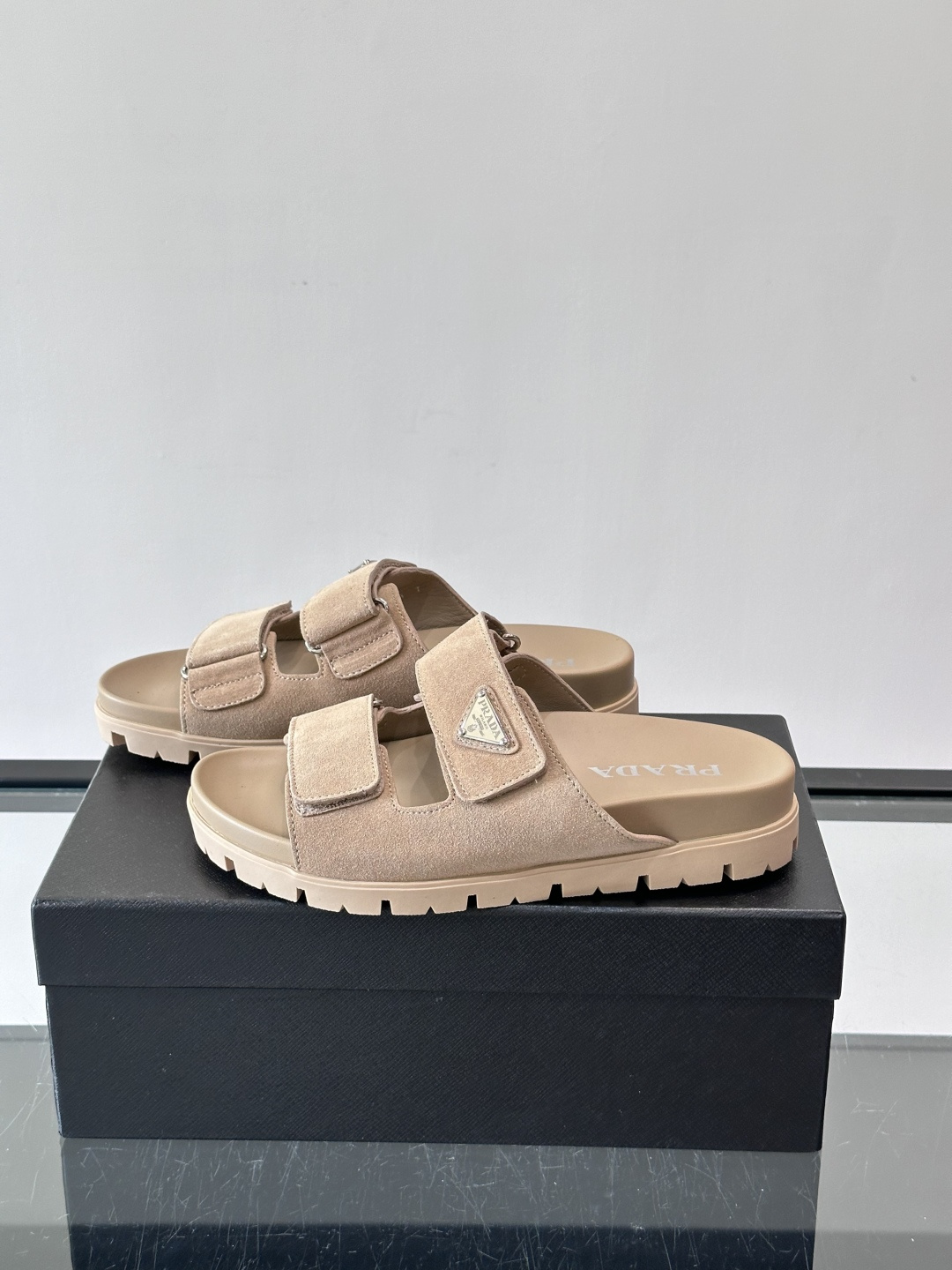 Prada Beige Suede Double Velcro Strap Slide Sandal