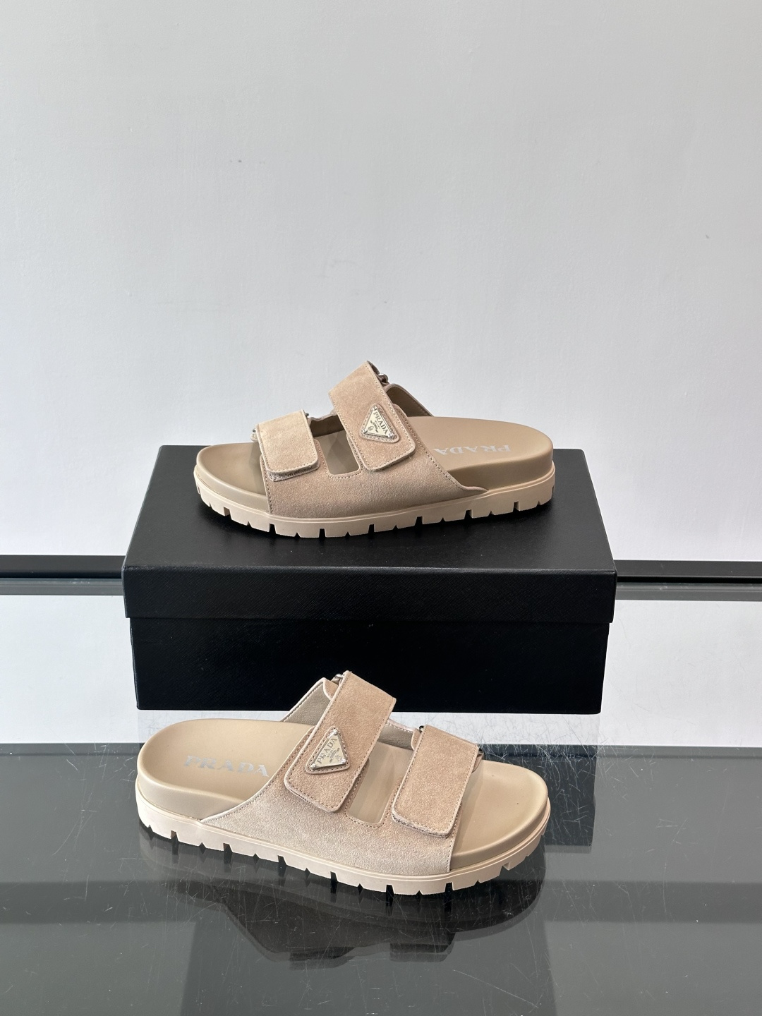 Prada Beige Suede Double Velcro Strap Slide Sandal
