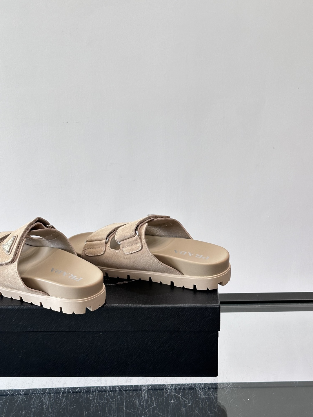 Prada Beige Suede Double Velcro Strap Slide Sandal