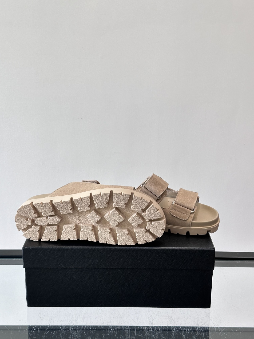 Prada Beige Suede Double Velcro Strap Slide Sandal