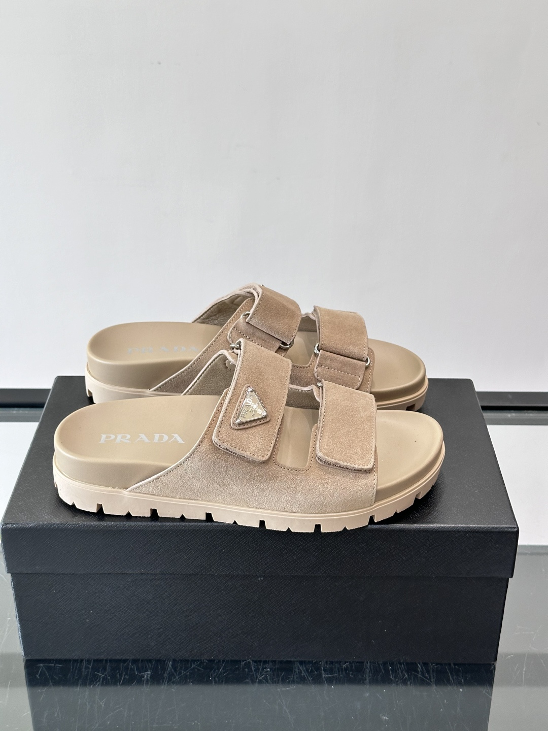 Prada Beige Suede Double Velcro Strap Slide Sandal