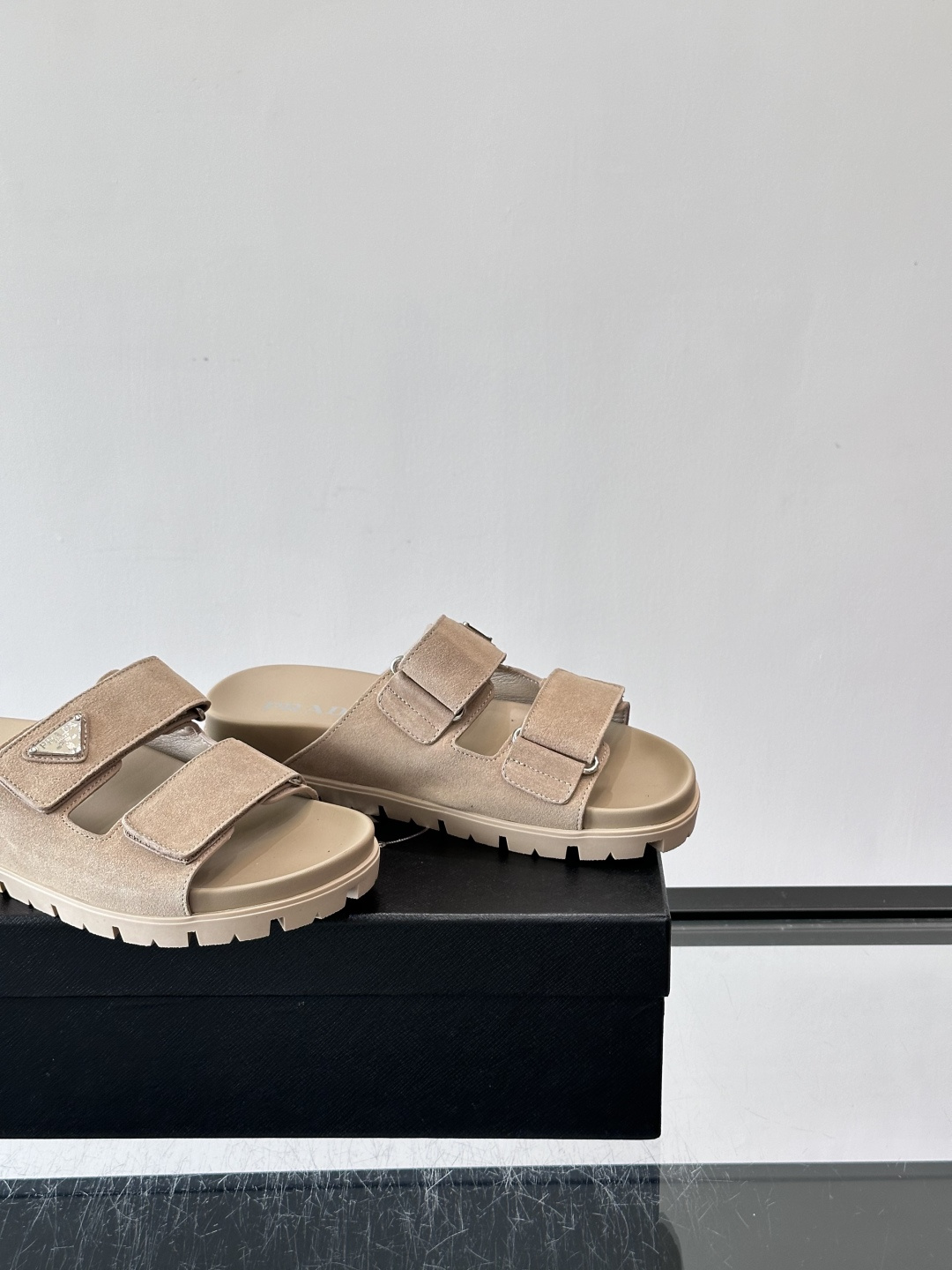 Prada Beige Suede Double Velcro Strap Slide Sandal