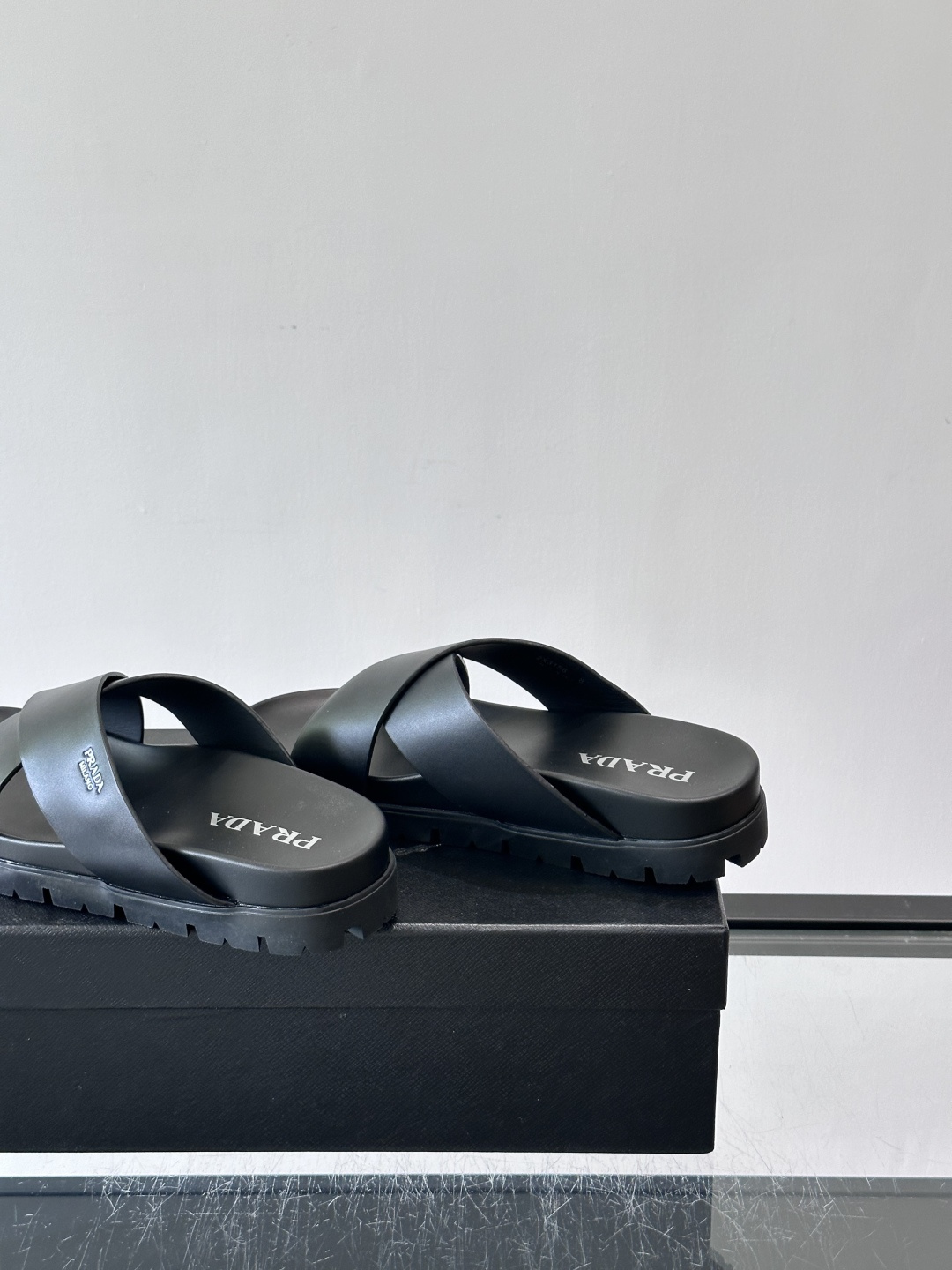 Prada Black Cross Strap Lug Sole Slide Sandals