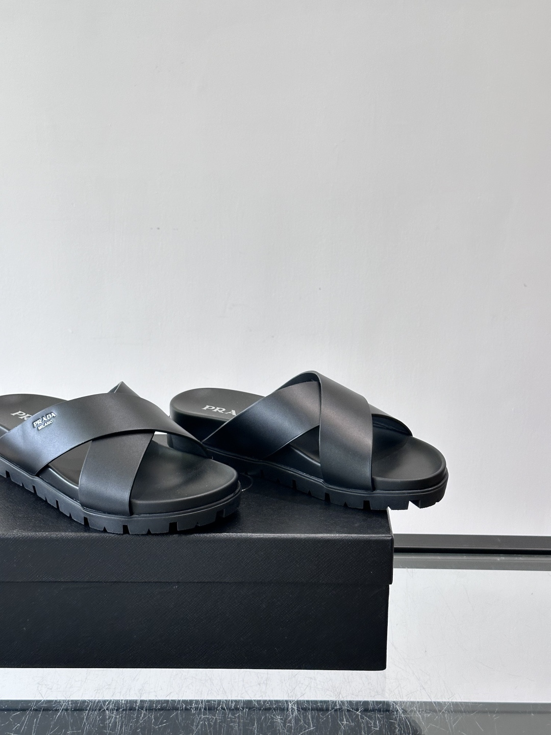 Prada Black Cross Strap Lug Sole Slide Sandals