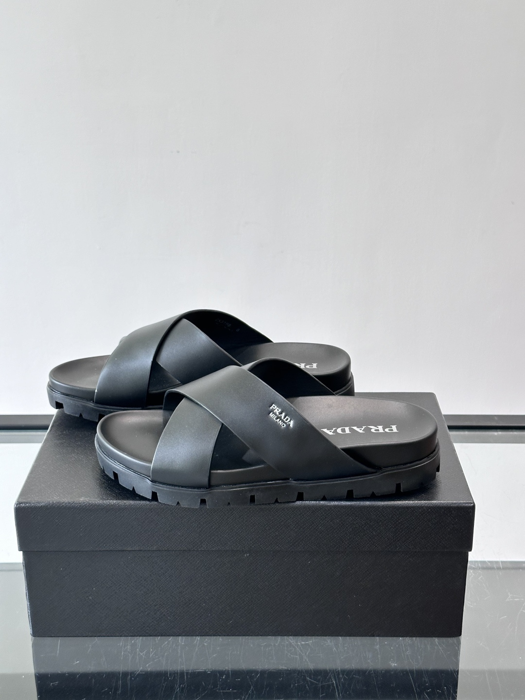 Prada Black Cross Strap Lug Sole Slide Sandals