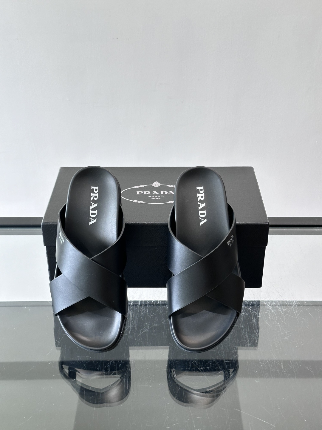 Prada Black Cross Strap Lug Sole Slide Sandals