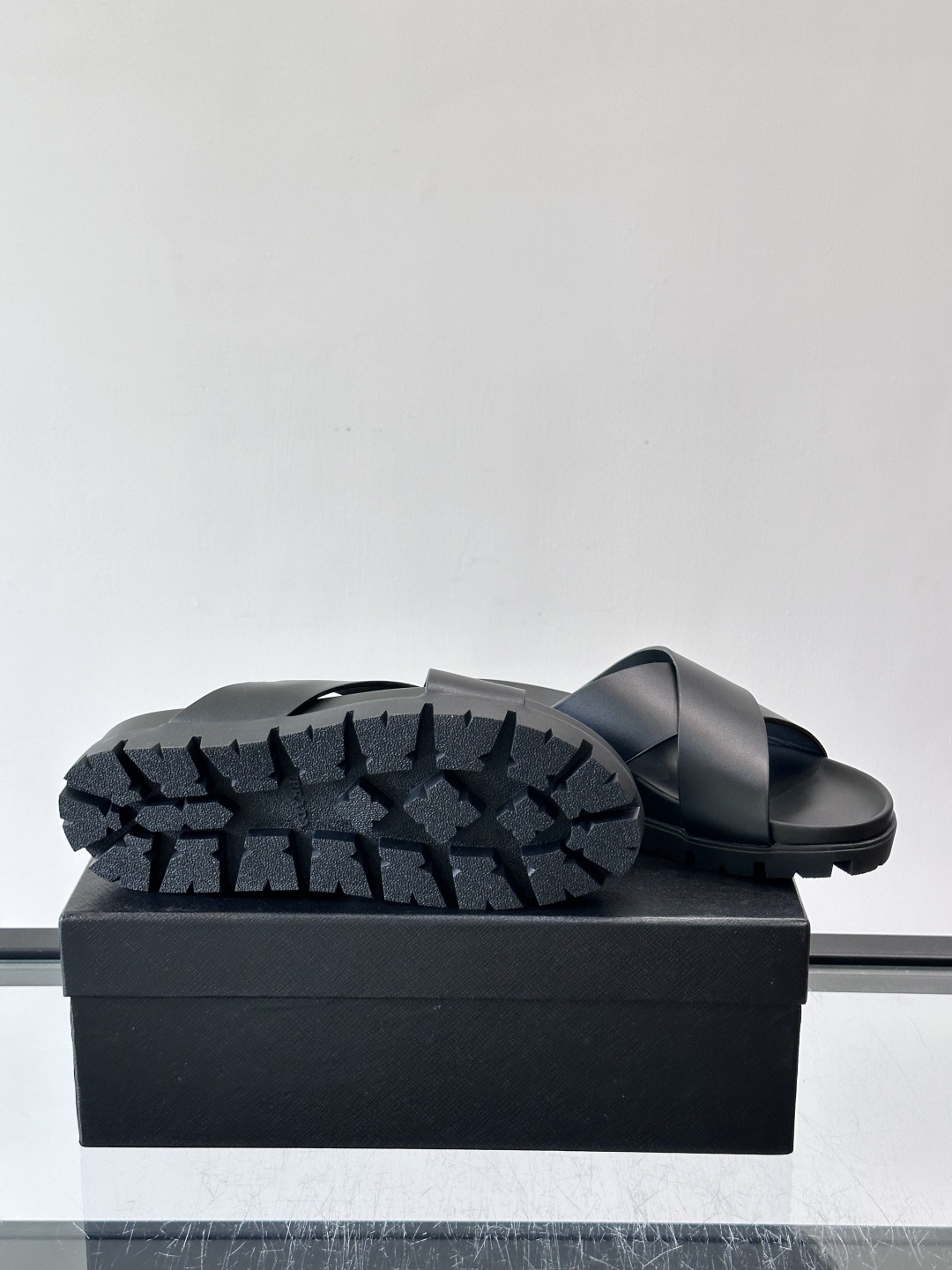 Prada Black Cross Strap Lug Sole Slide Sandals