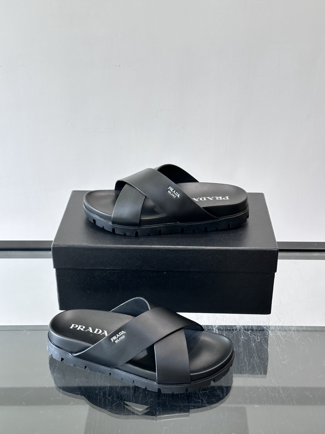 Prada Black Cross Strap Lug Sole Slide Sandals