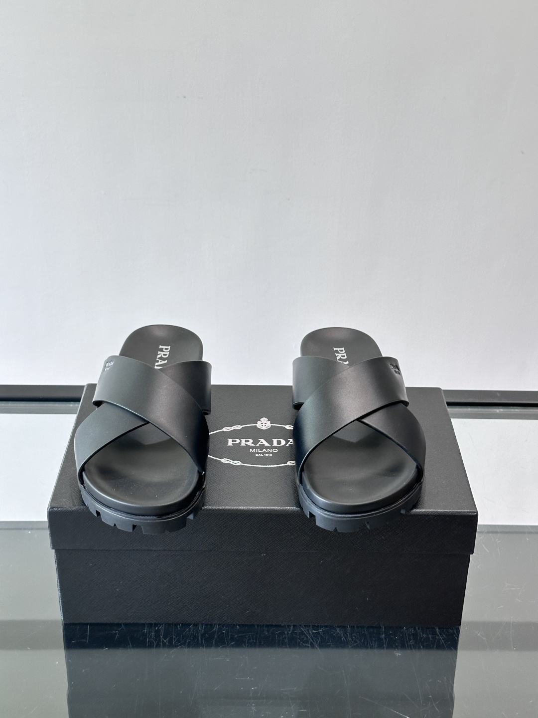 Prada Black Cross Strap Lug Sole Slide Sandals