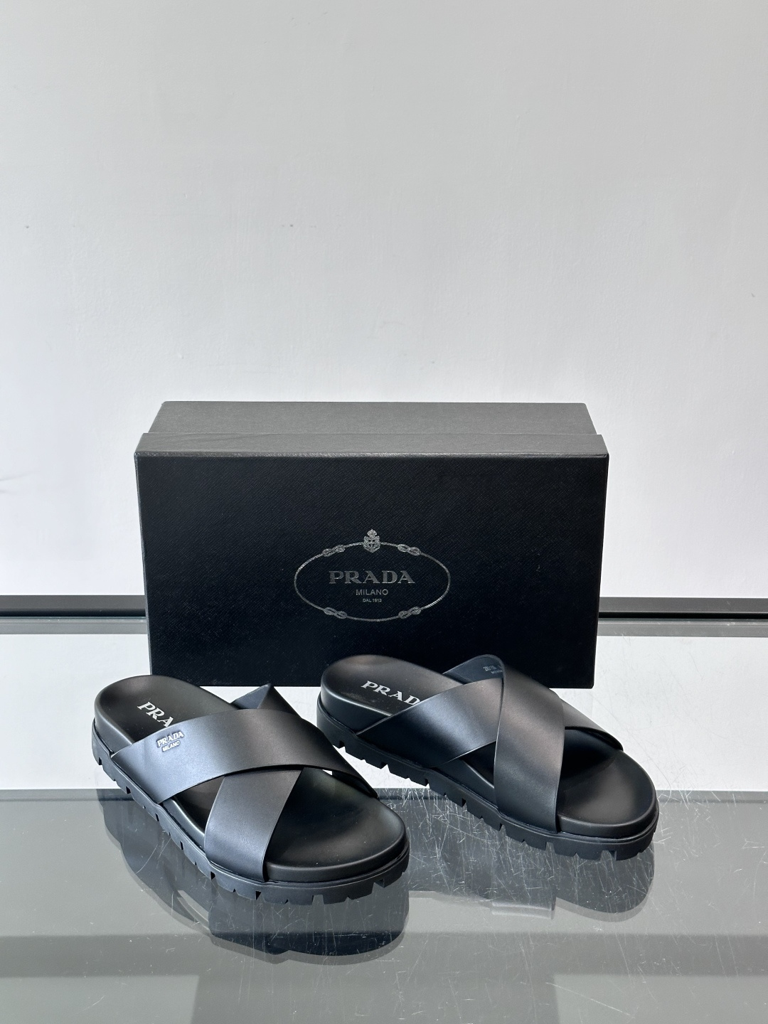 Prada Black Cross Strap Lug Sole Slide Sandals