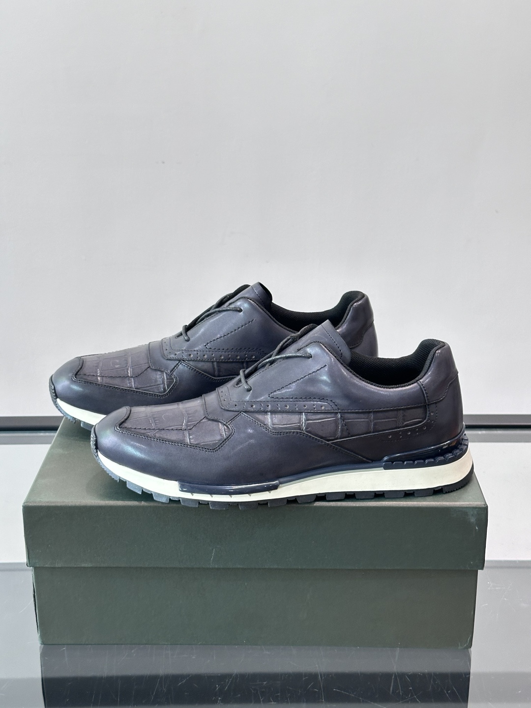 Berluti Navy Croc Embossed Leather Casual Sneakers