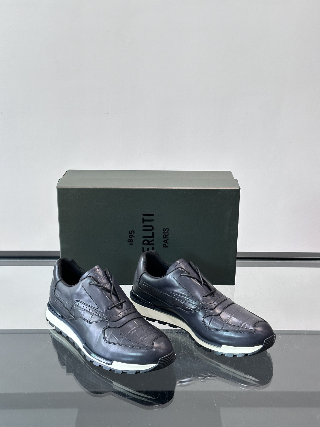 Berluti Navy Croc Embossed Leather Casual Sneakers