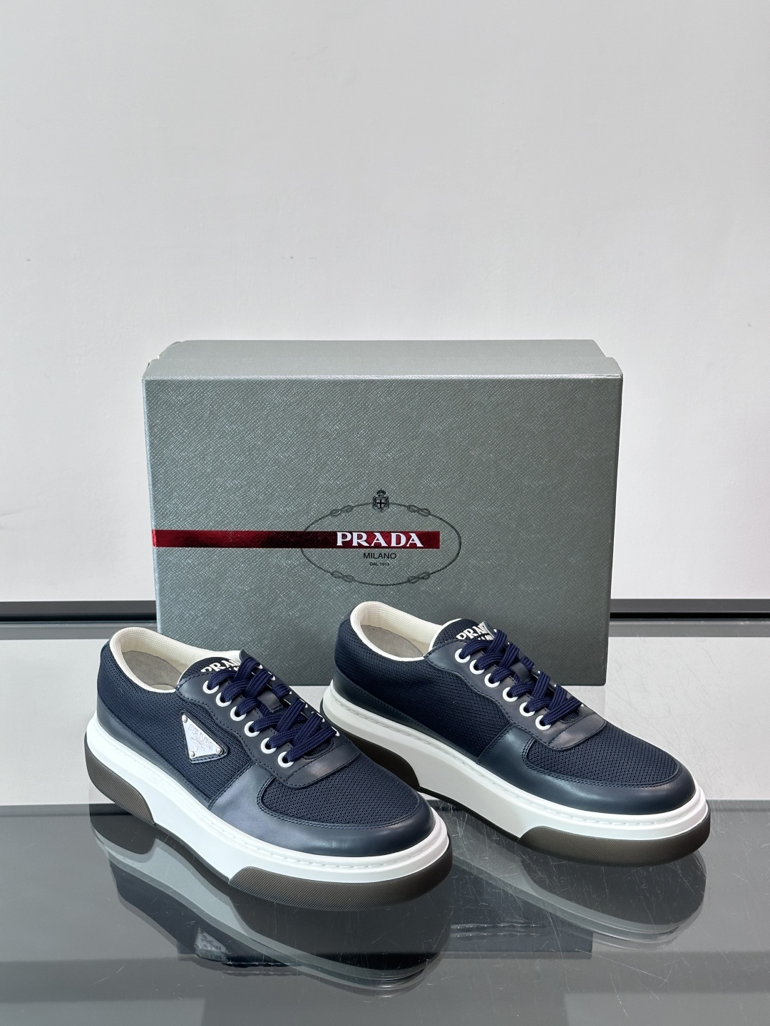 Prada Navy Mesh Triangle Logo Platform Sneakers