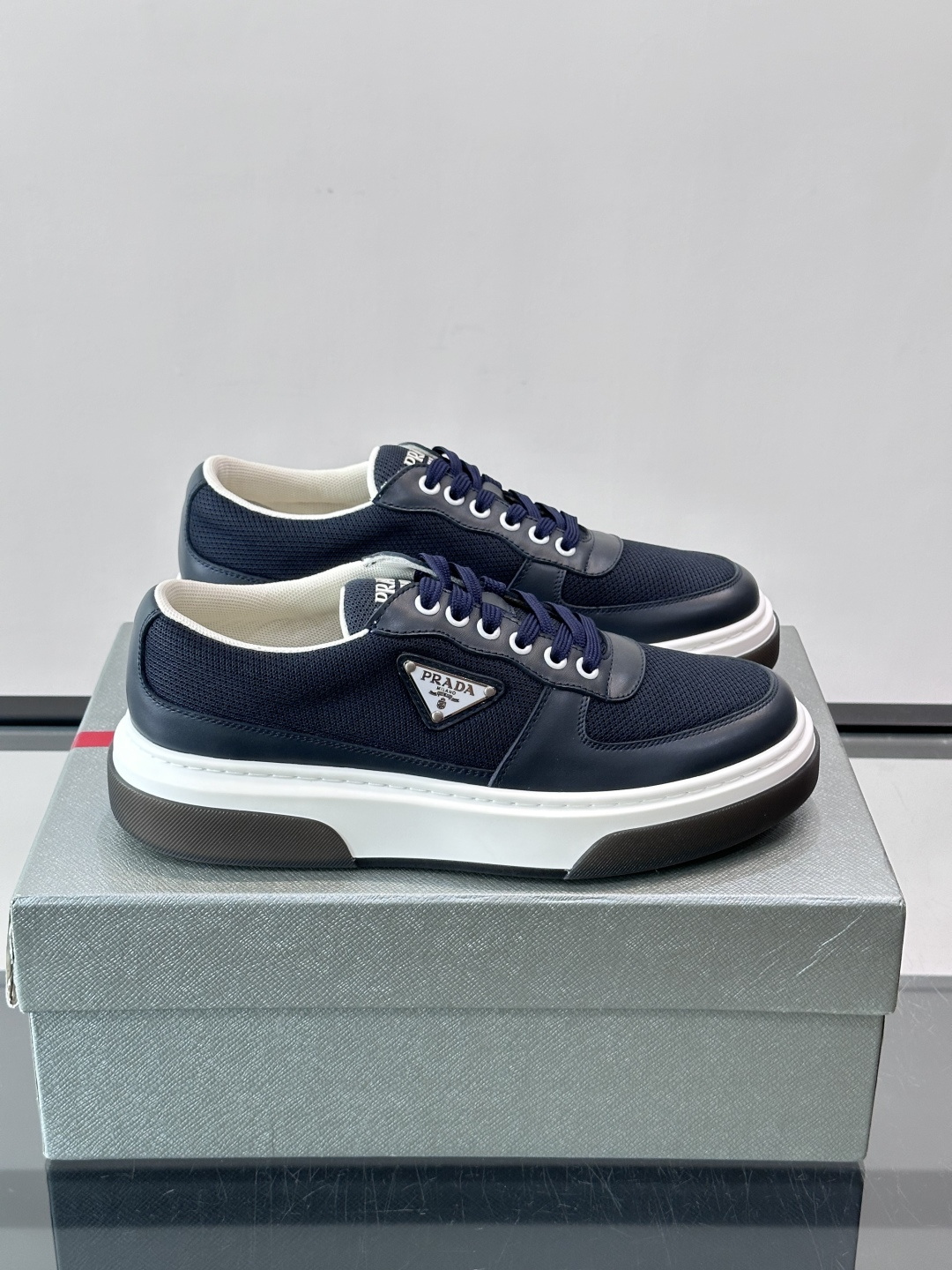 Prada Navy Mesh Triangle Logo Platform Sneakers