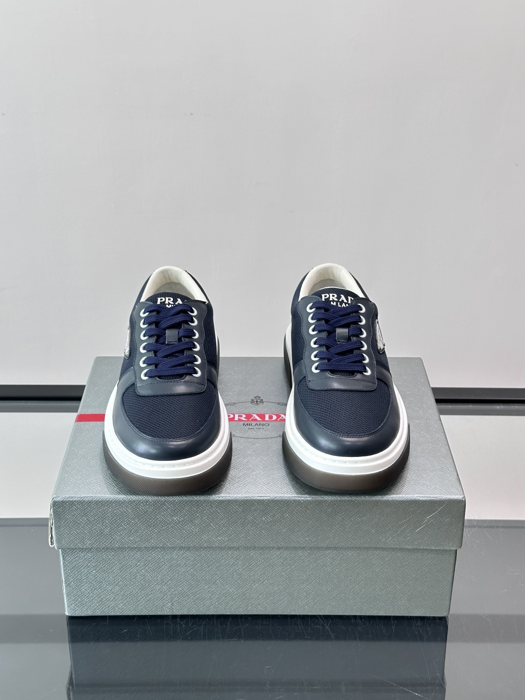 Prada Navy Mesh Triangle Logo Platform Sneakers