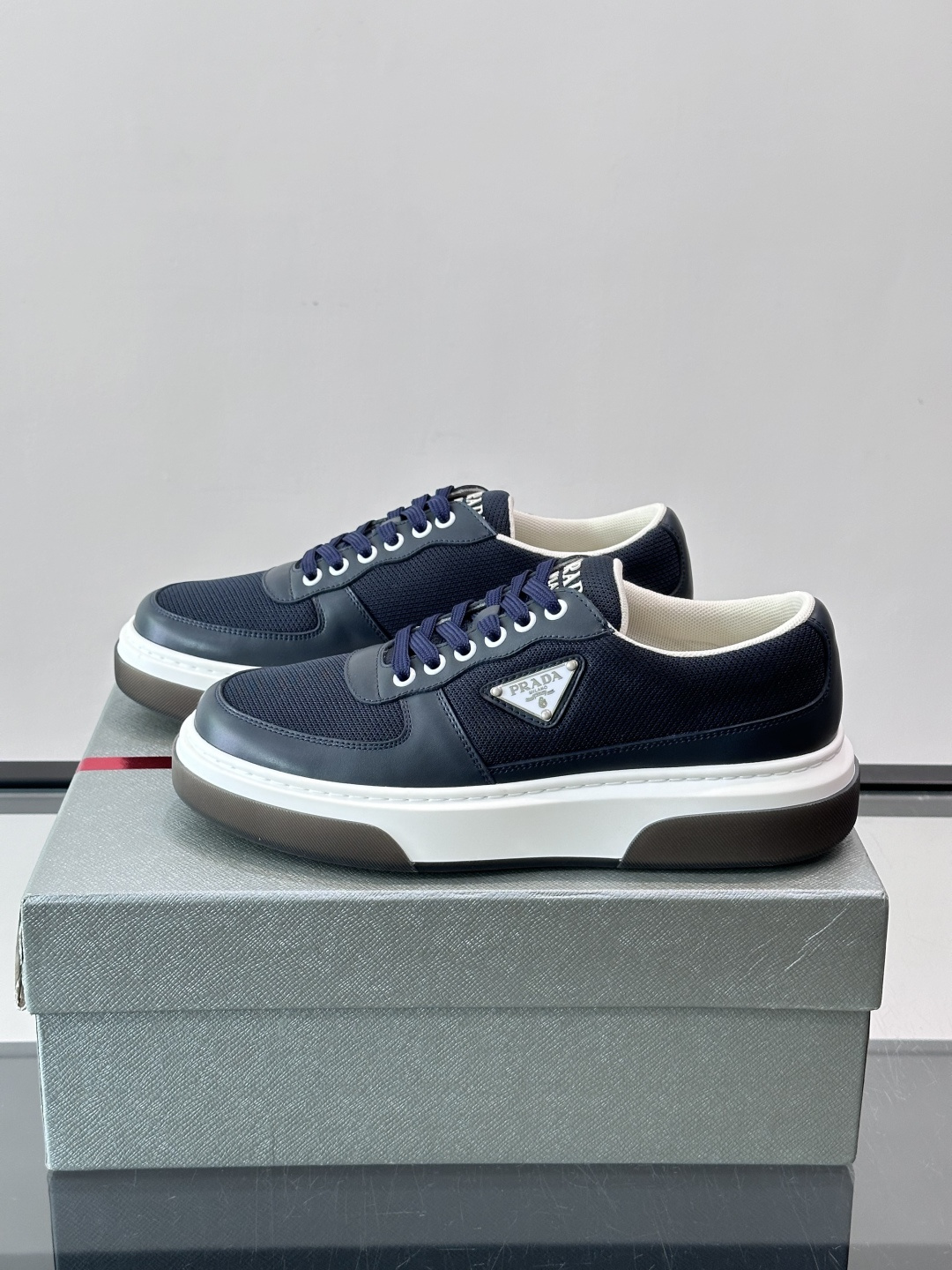 Prada Navy Mesh Triangle Logo Platform Sneakers