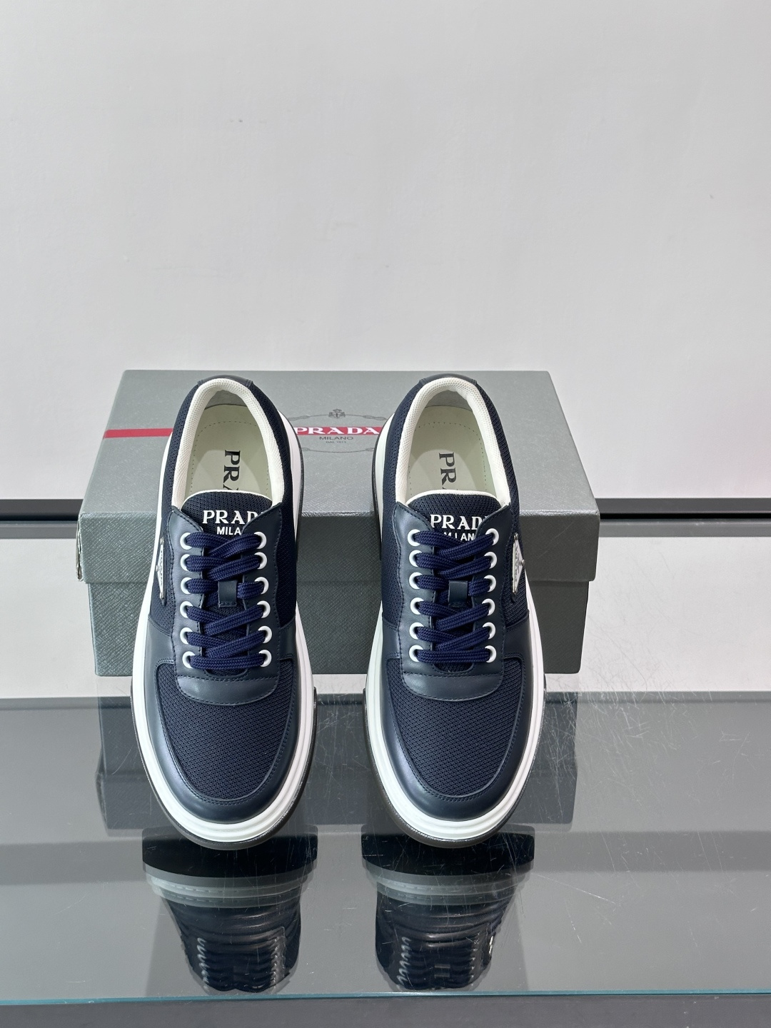 Prada Navy Mesh Triangle Logo Platform Sneakers