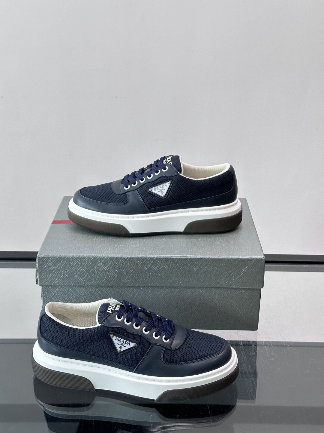 Prada Navy Mesh Triangle Logo Platform Sneakers