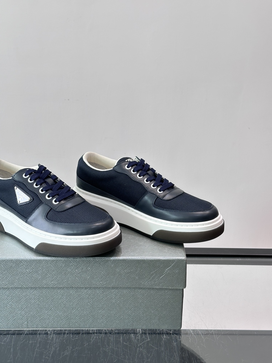 Prada Navy Mesh Triangle Logo Platform Sneakers