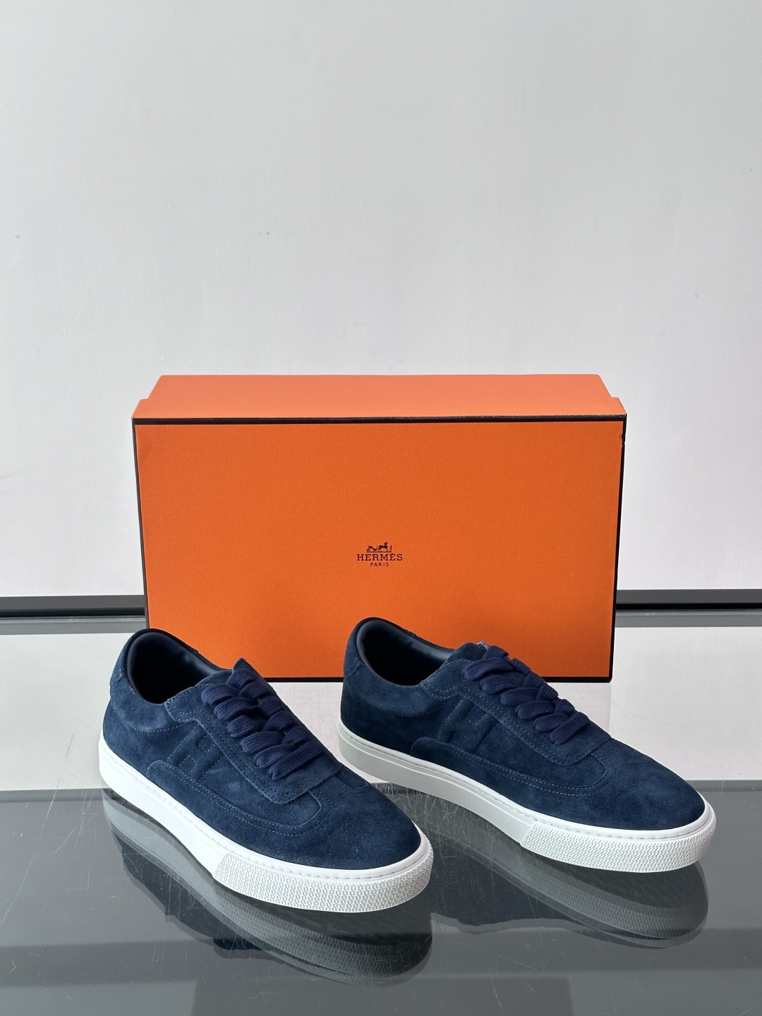 Hermes Navy Suede H Logo Sneakers