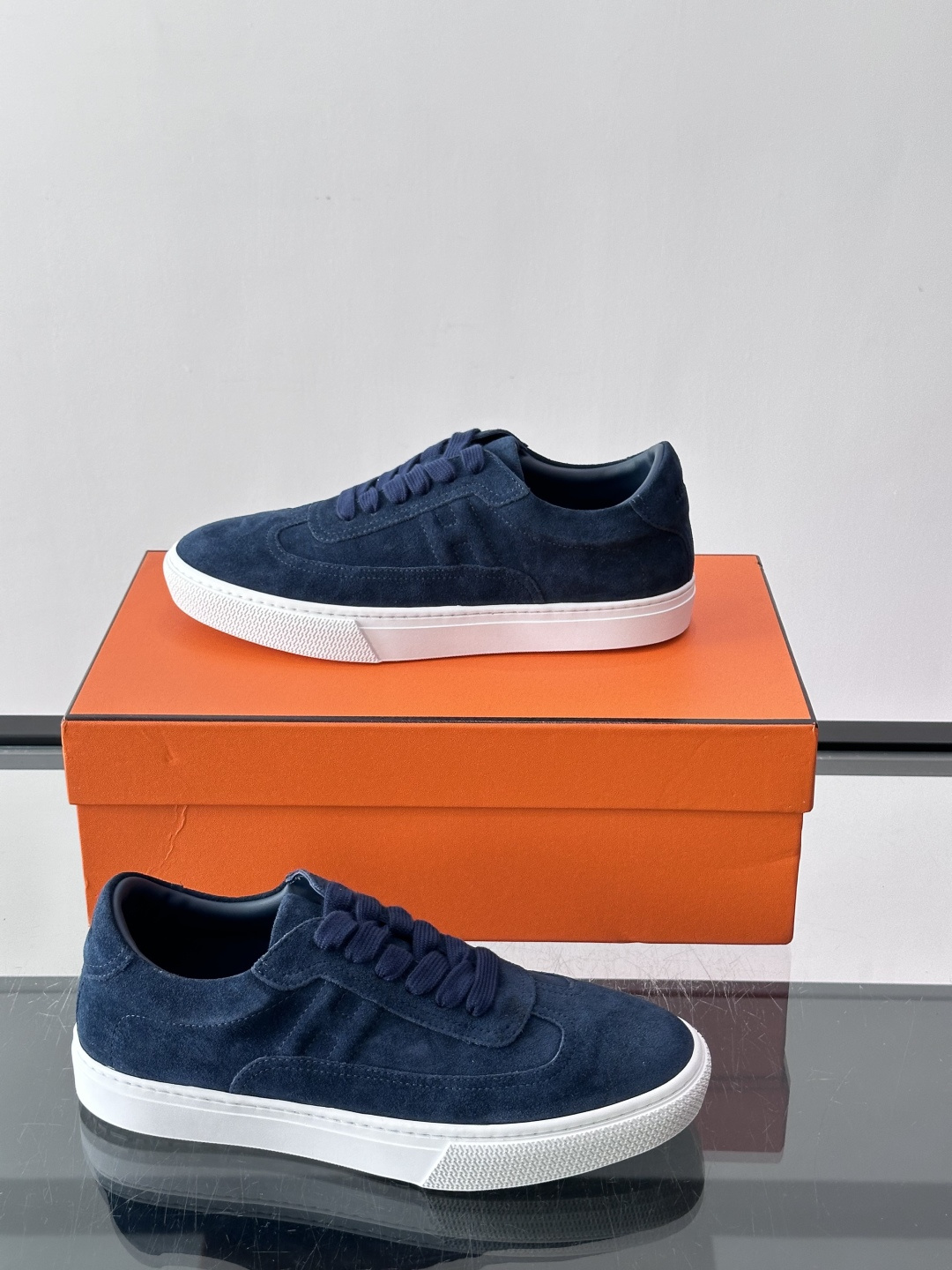 Hermes Navy Suede H Logo Sneakers