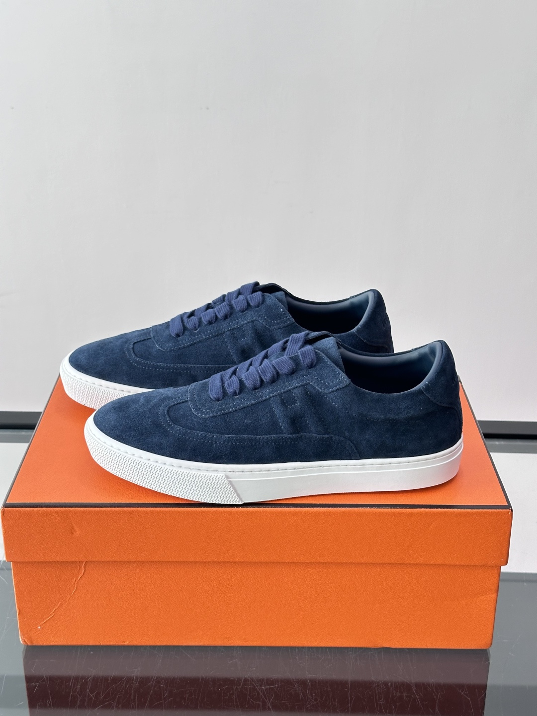 Hermes Navy Suede H Logo Sneakers
