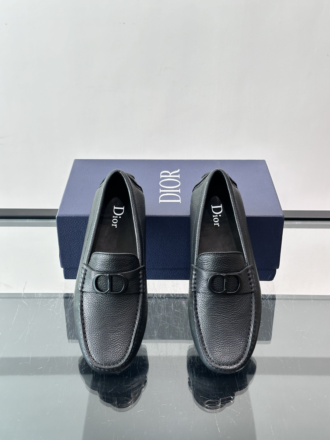 Dior Black Grained Leather CD Logo Driving Loafers