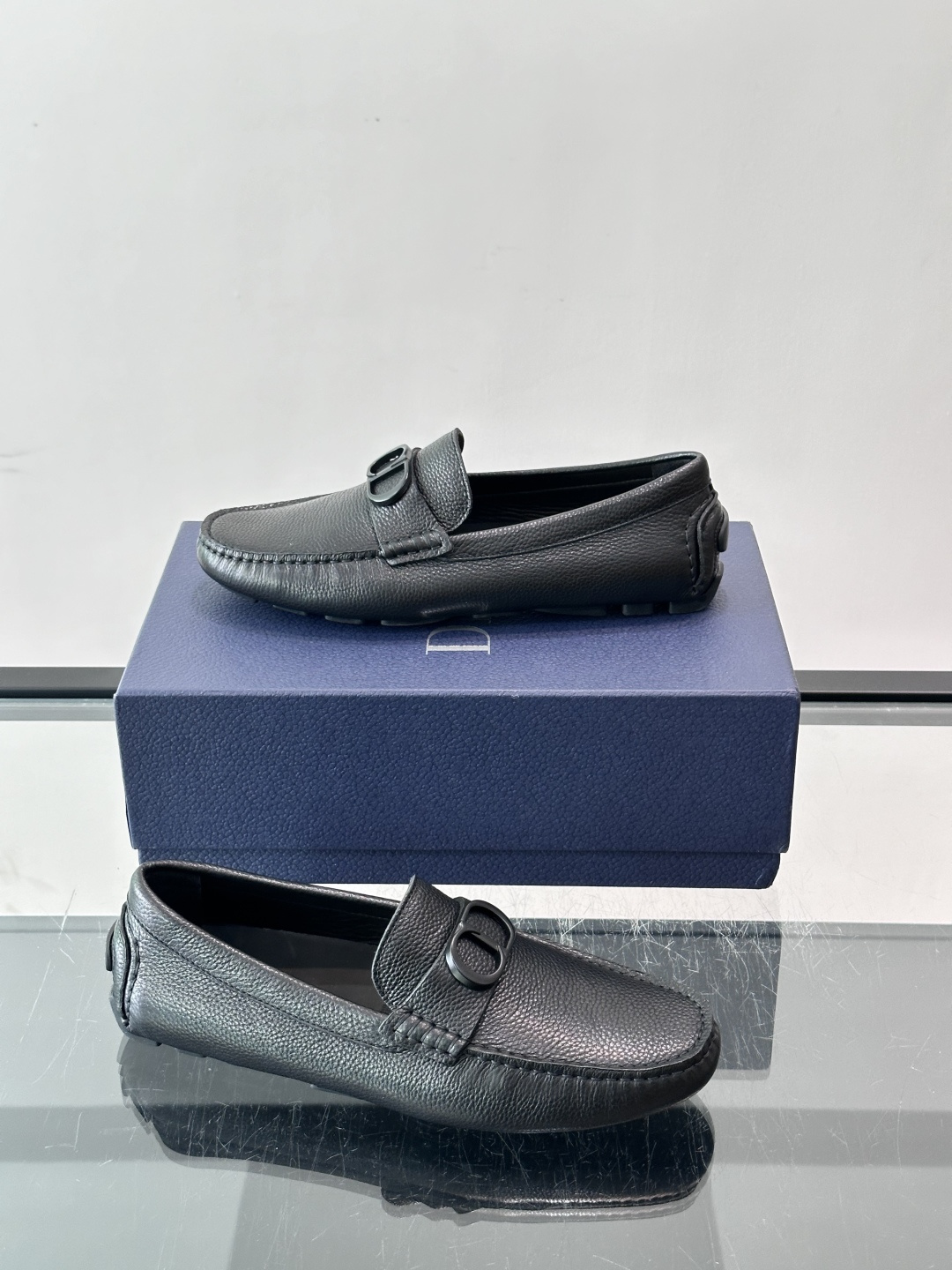 Dior Black Grained Leather CD Logo Driving Loafers