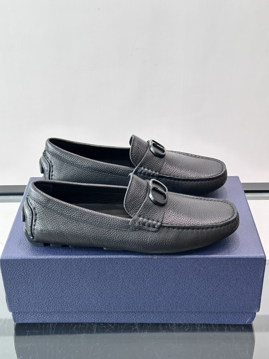 Dior Black Grained Leather CD Logo Driving Loafers
