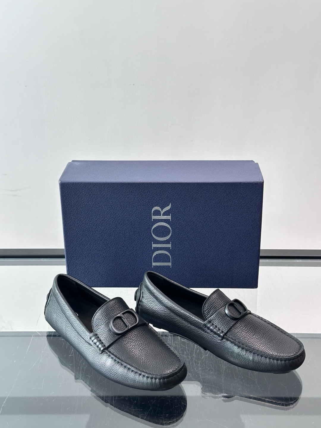 Dior Black Grained Leather CD Logo Driving Loafers