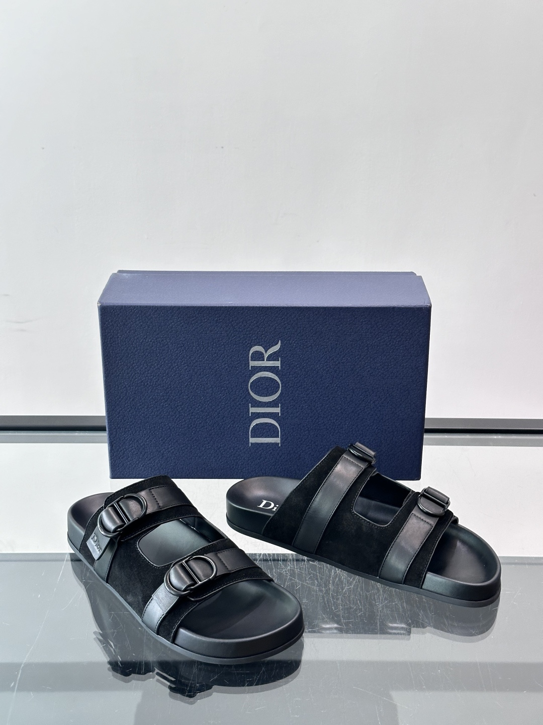 Dior Black Suede Double Buckle Slide Sandals
