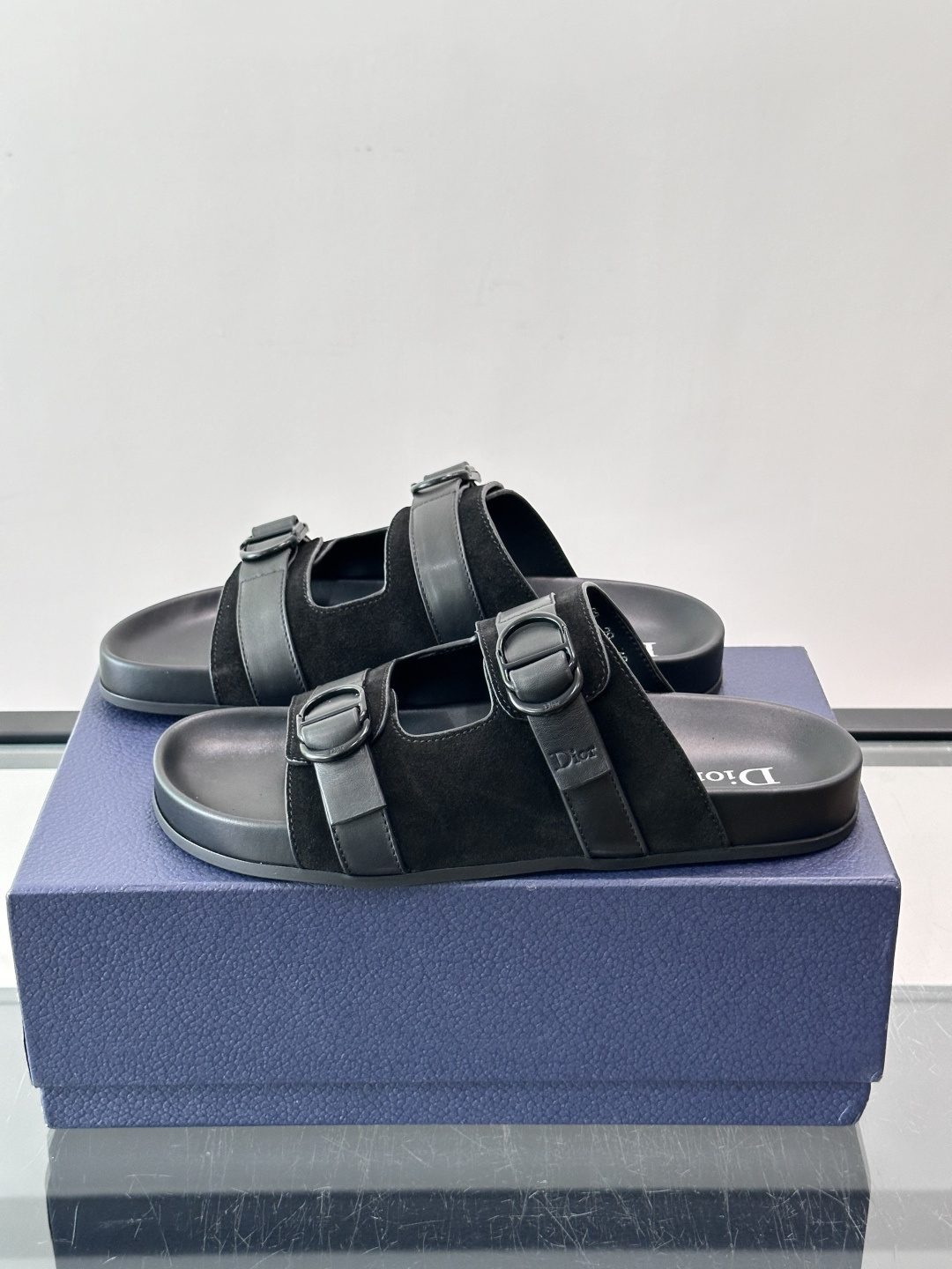 Dior Black Suede Double Buckle Slide Sandals